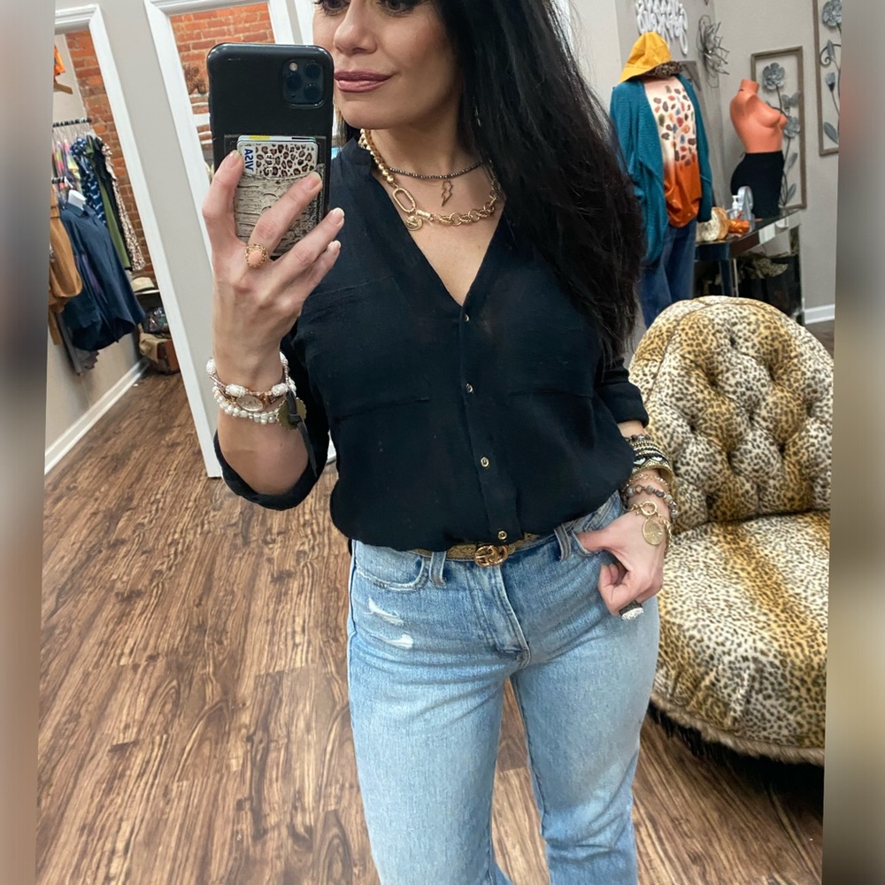 MEDIUM Black Linen Button Down Blouse